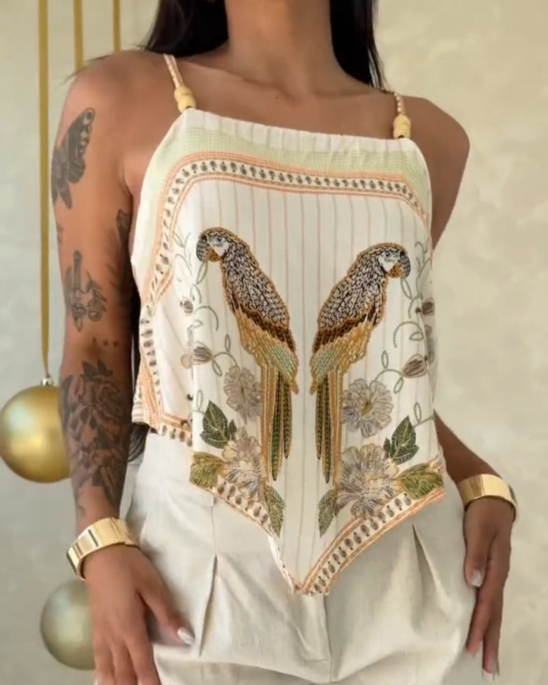 Tropical Animal & Plants Print Square Neck Adjustable Spaghetti Straps Top Sexy Backless Tie Back Asymmetrical Hem Cami Top