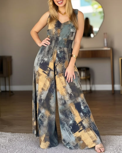 Abstract Oil Painting Print V-Neck Stretchy Thick Straps High Waist Backless Overalls Casual Shirred Waist Cinched Waist Wide Leg Jumpsuit