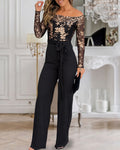 Women's Off Shoulder Gold Sequin Floral Jumpsuit Elegant Mesh Spliced Straight Leg Evening Jumpsuit with Belt