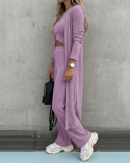 Women's 3 Piece Knit Set Long Cardigan Criss Cross Crop Tank Top and Wide Leg Pants Casual Ribbed Brushed Lounge Set