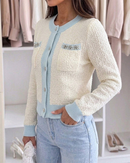 Women's Contrast Binding Knit Cardigan Pearl Beaded Textured Cropped Sweater Elegant Rhinestone Button Coat