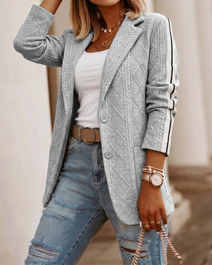 Lässiger Strickblazer für Damen, Argyle-Zopfmuster, Jacquard, kontrastierender, seitlich gestreifter Mantel, lockere Passform, einreihiger Blazer