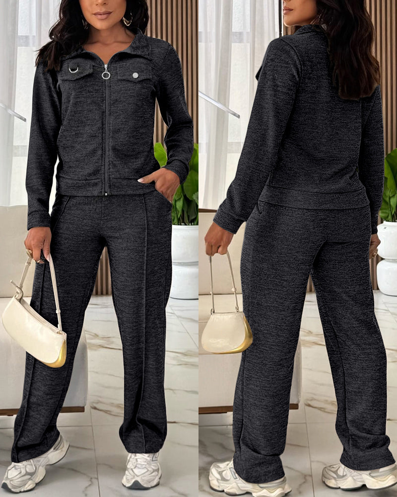 Women's Casual Tracksuit Set Zip Up Long Sleeve Lapel Jacket and High Waisted Straight Leg Pants Lounge Set with Pockets