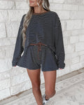 Women's 2 Piece Striped Lounge Set Long Sleeve Top and High Waist Drawstring Shorts