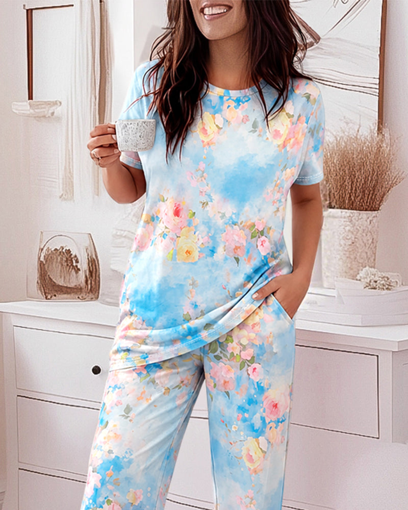 Women's Watercolor Floral 2 Piece Pajama Set Short Sleeve Top and High Waisted Pants Casual Loungewear with Pockets