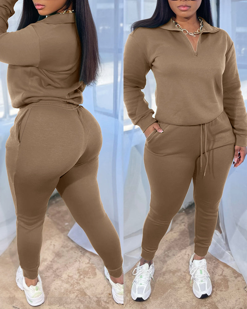 2 Pieces Outfit High Neck Half Zip Drop Shoulder Top Drawstring Elastic Waist Slim Fit Jogger Pants Set Casual Tracksuit