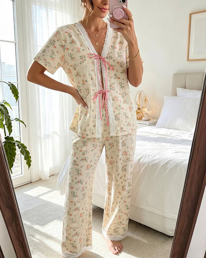 Women's 2 Piece Ditsy Floral Lace Trim Pajamas Set Tie Front Top and Wide Leg Pants Casual Loungewear