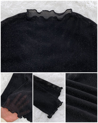 Glitter Lurex Mock Neck T Shirt Casual Sheer Mesh Slim Fit Blouse Top