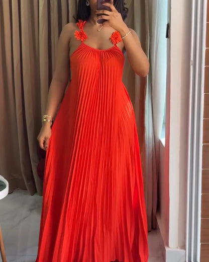 U-Neck 3D Flower Decor Adjustable Spaghetti Straps Maxi Dress Sexy Backless Criss Cross Back Pleated Dress