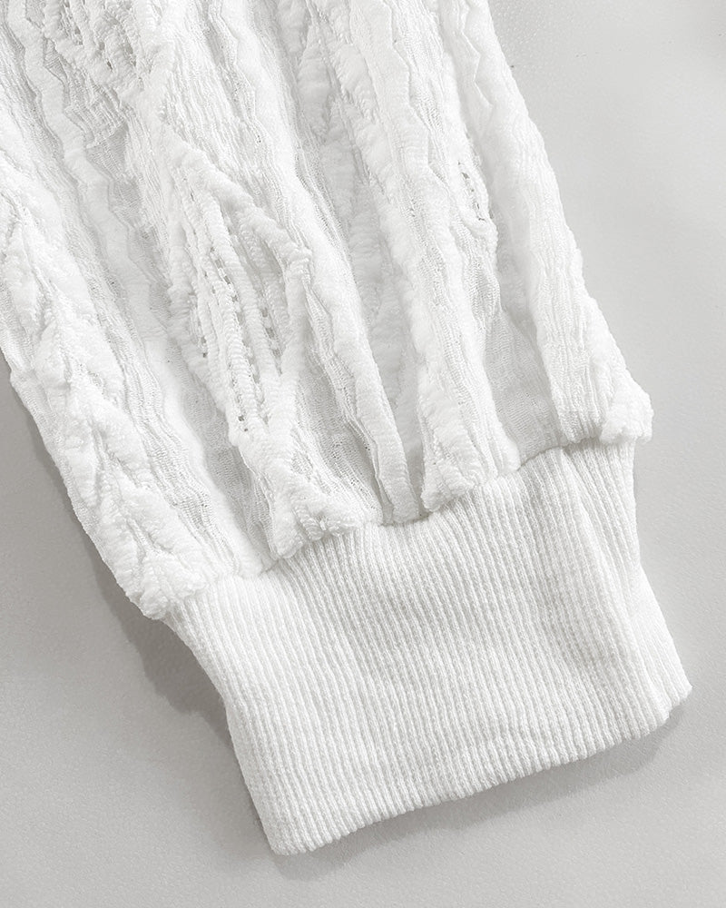 Jacquard & Diamond Pattern Design Hollow-out Lightweight Baseball Coat Casual Zip Up Bomber Jacket