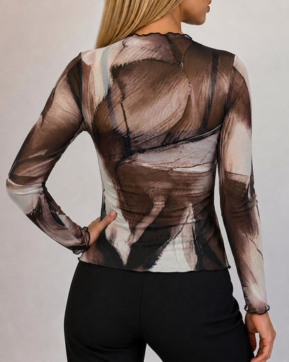 Women's Sheer Mesh Tie Dye Print Mock Neck Frill Trim Long Sleeve Top