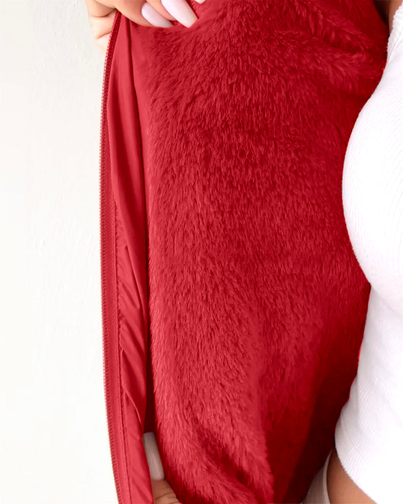 Zipper Pocket Design Shirred Fuzzy Trim Fleece Lined Hooded Puffer Jacket