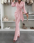 2 Pieces Outfit Metal Ring Decor Notched Collar Cinched Waist Wrap Front Coat and Zipper Fly Elastic Back Waist Pants Set Casual Blazer Set