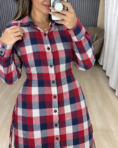 Women's Plaid Shirred Back Waist Shirt Dress Single Breasted Long Sleeve Casual Dress