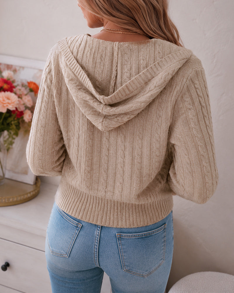 Women's Cable Knit Hooded Sweater V Neck Long Sleeve Pullover Top
