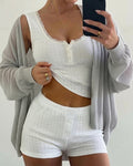 Women's 2-Piece Pajamas Set Lace Trim Henley Neck Tank Top and Shorts Set Casual Loungewear