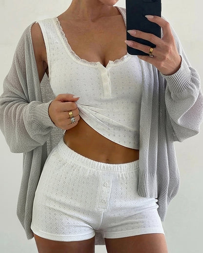 Women's 2-Piece Pajamas Set Lace Trim Henley Neck Tank Top and Shorts Set Casual Loungewear