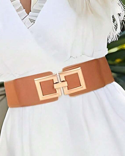 Wide Elastic Belt Fashion Square Gold Buckle Stretch Dress Belt Waistband