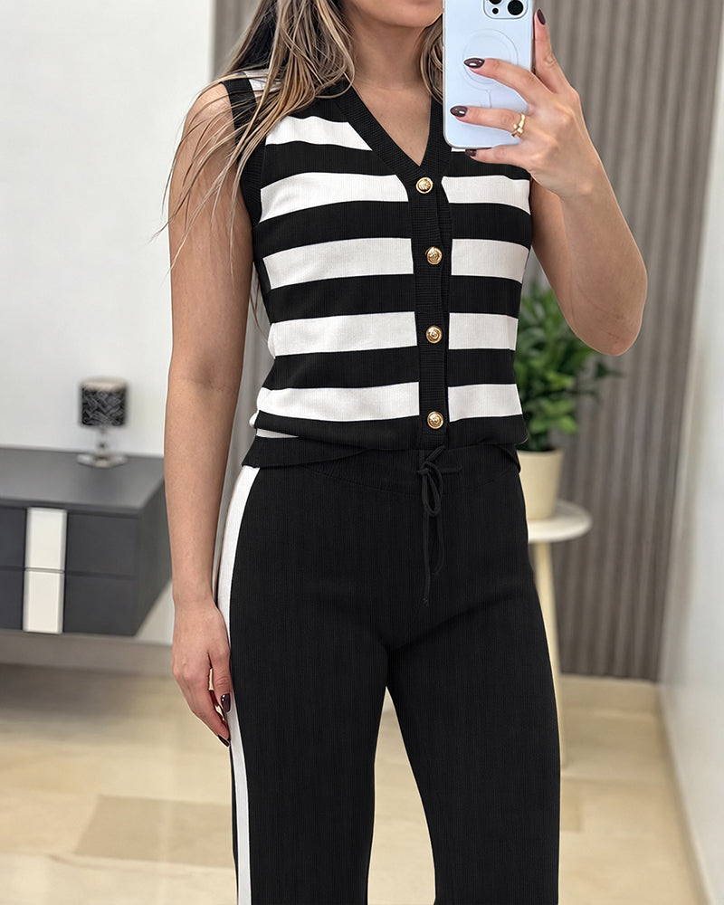 Women's 2 Piece Knit Outfits Striped V Neck Sleeveless Top and Side Stripe Straight Leg Pants Set Casual Loungewear