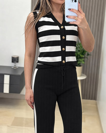 Women's 2 Piece Knit Outfits Striped V Neck Sleeveless Top and Side Stripe Straight Leg Pants Set Casual Loungewear