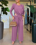 Women's 2 Piece Outfit Asymmetric Pleated Top and High Waist Lantern Pants