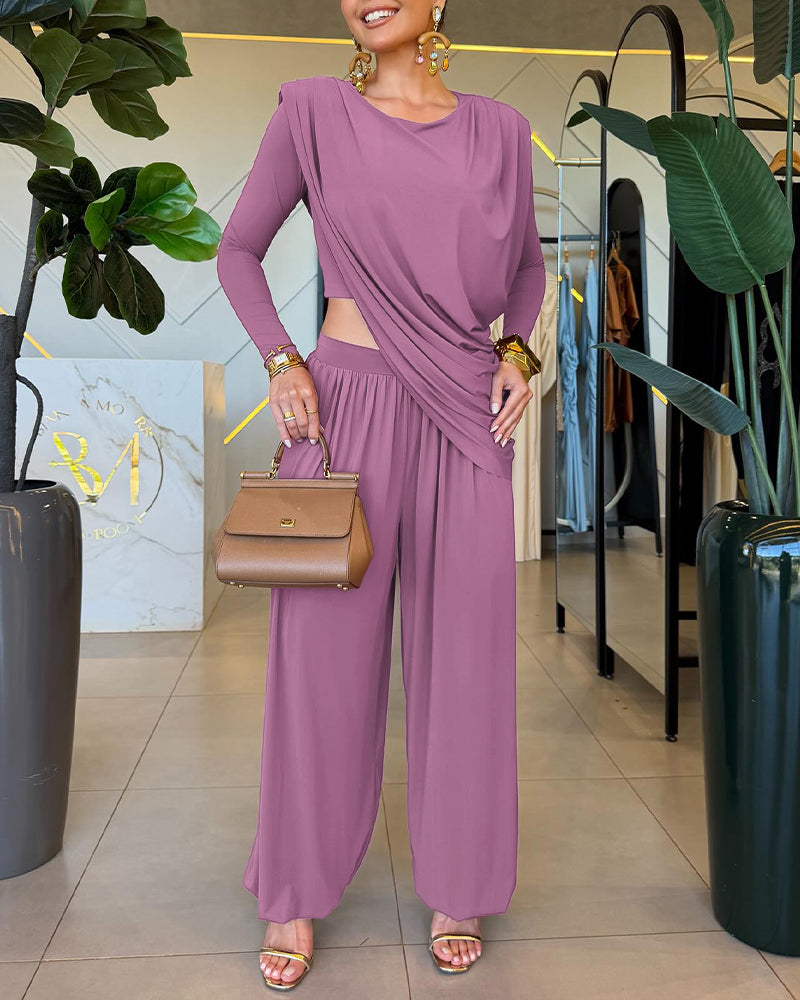 Women's 2 Piece Outfit Asymmetric Pleated Top and High Waist Lantern Pants