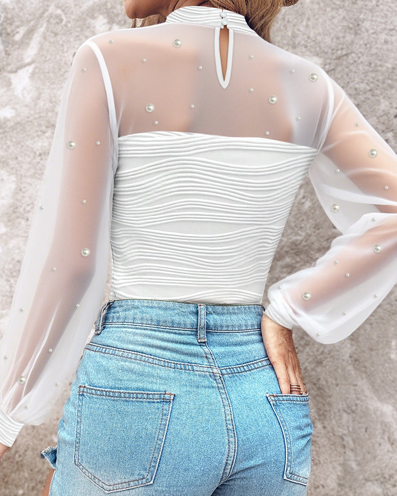 Pearls Decor High Neck Sheer Mesh Spliced Ruched Tee Hollow-out Back Slim Fit Textured Top