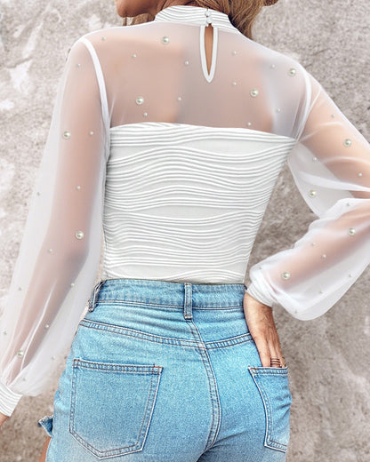 Pearls Decor High Neck Sheer Mesh Spliced Ruched Tee Hollow-out Back Slim Fit Textured Top