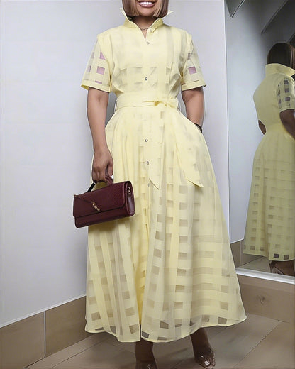 Turn Down Collar Plaid Mesh Double Layered Cinched Waist Maxi Dress Button Down Bow Tie Waist Commuting Dress