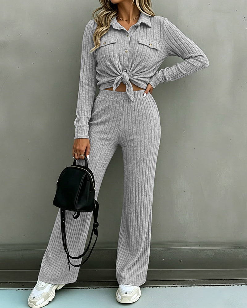 Women's 2 Piece Ribbed Knit Outfits Button Down Top and Straight Leg Pants Set Casual Loungewear Matching Tracksuit