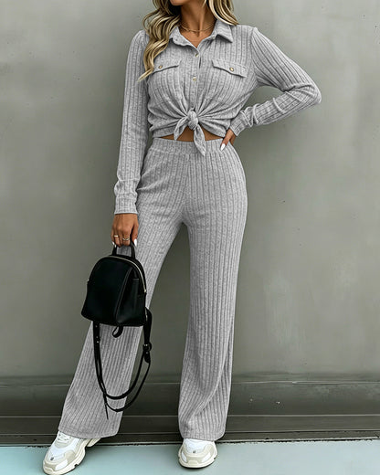 Women's 2 Piece Ribbed Knit Outfits Button Down Top and Straight Leg Pants Set Casual Loungewear Matching Tracksuit