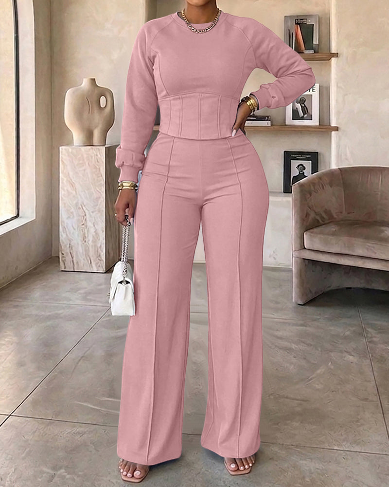 2 Pieces Outfit O-neck Long Sleeve Cinched Waist Sweatshirt and Elastic Waist Wide Leg Pants Set Casual Seam Design Sweatpants Set