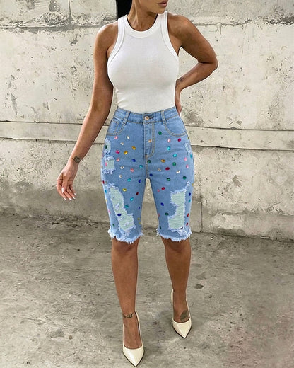 Women's Colorful Rhinestone Ripped Denim Shorts High Waisted Raw Hem Y2K Washed Jean Shorts