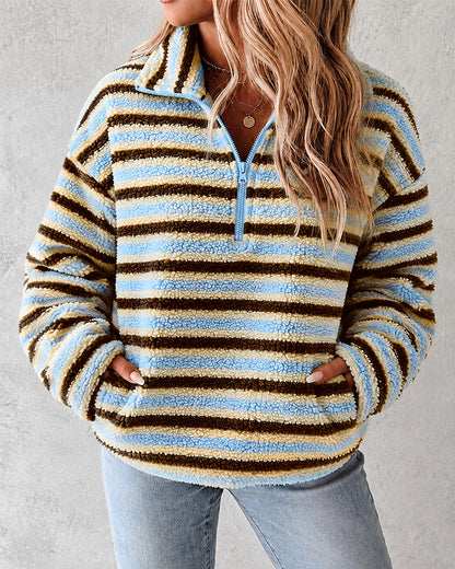 Women's Striped Fleece Sweatshirt Half Zip Fuzzy Sherpa Pullover Top