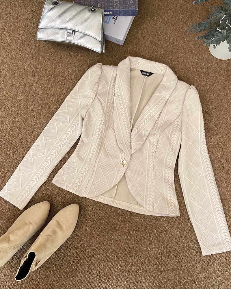 Chaqueta corta elegante para mujer, con cuello chal, tejido de punto de ochos en rombos, textura, corte entallado, manga corta, un botón y estilo profesional