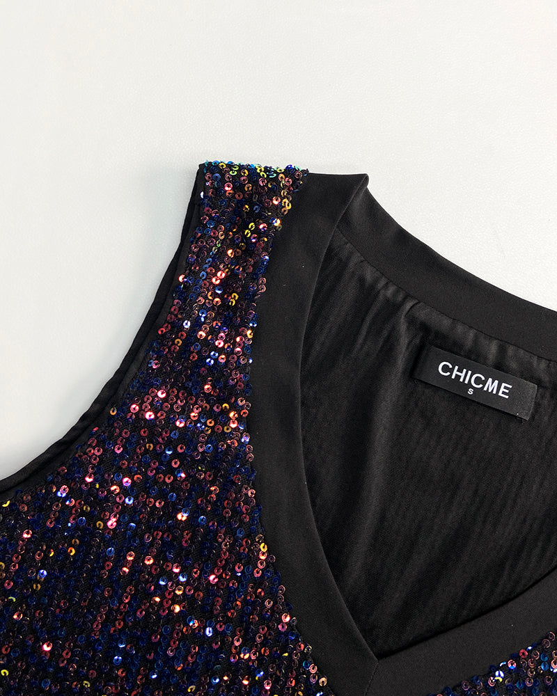 V-Neck Allover Sequin Thick Strap Sleeveless Tank Casual Top