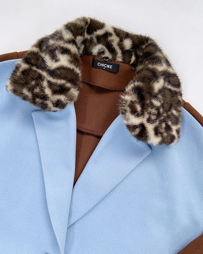 Color Block Long Trench Coat Single Breasted Detachable Fuzzy Leopard Pattern Lapel Overcoat