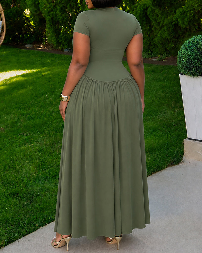 Women's Short Sleeve Crewneck Asymmetric Waist Maxi Dress Ruched A-Line Dress