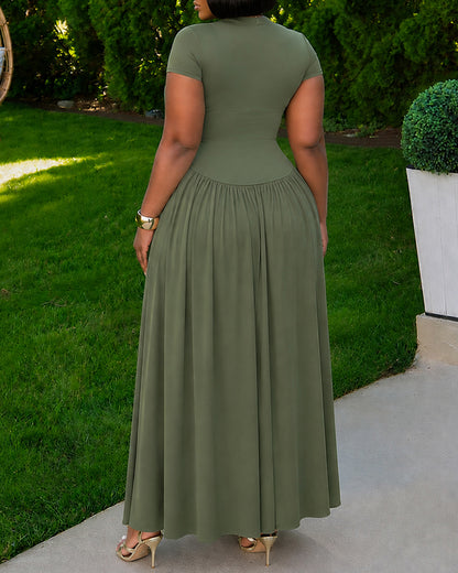 Women's Short Sleeve Crewneck Asymmetric Waist Maxi Dress Ruched A-Line Dress