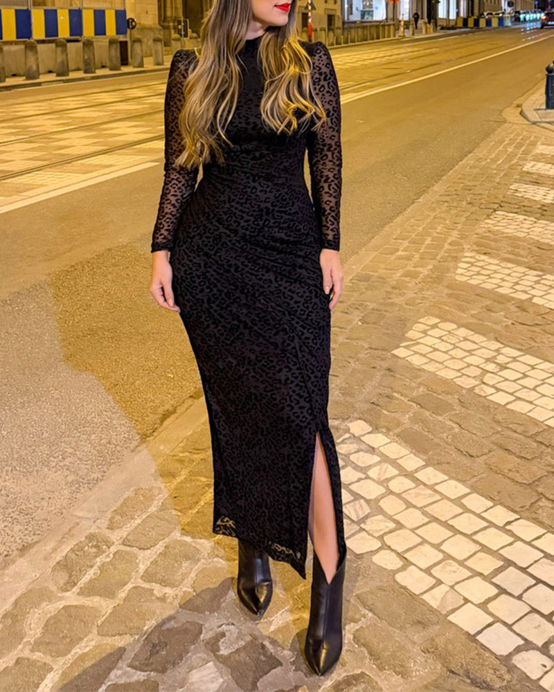 Women's Leopard Mesh Midi Dress Mock Neck Puff Long Sleeve Ruched Bodycon Dress Side Slit Sexy Party Dress