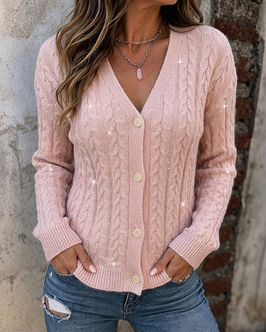 Women's Sequin Cable Knit Cardigan V Neck Button Down Slim Fit Long Sleeve Sweater