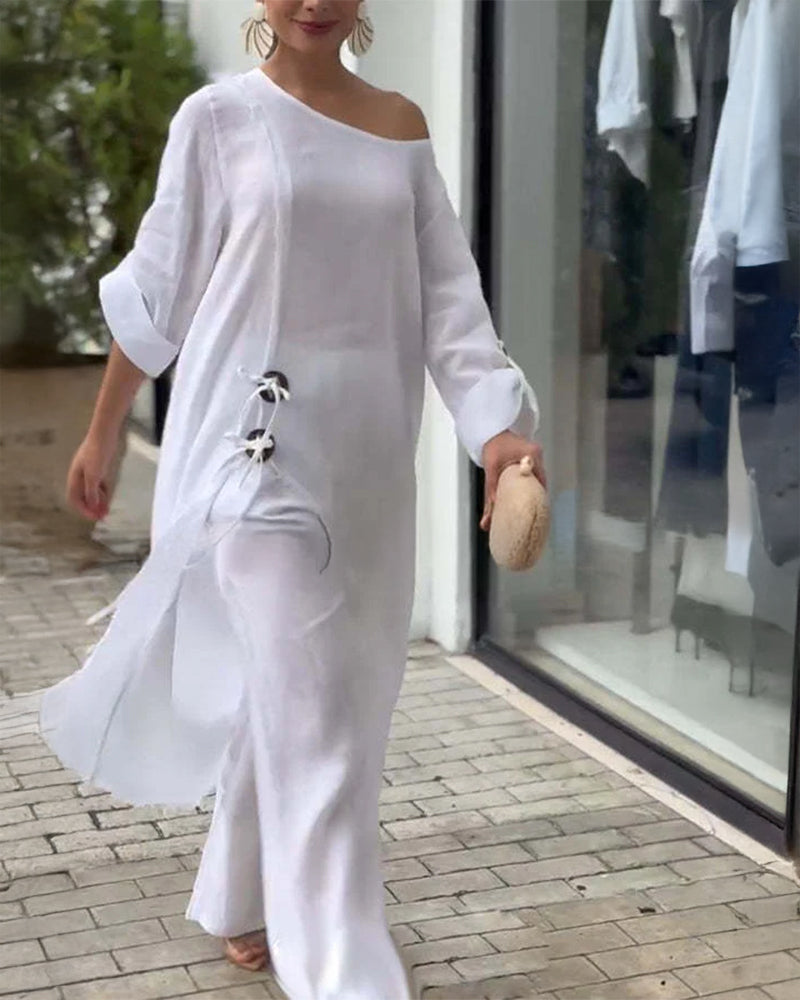 2 Pieces Outfit Button Decor One Shoulder Turn-Up Sleeves Slit Raw Edges Top and Casual Drawstring Elastic Waist Wide Leg Pants Set