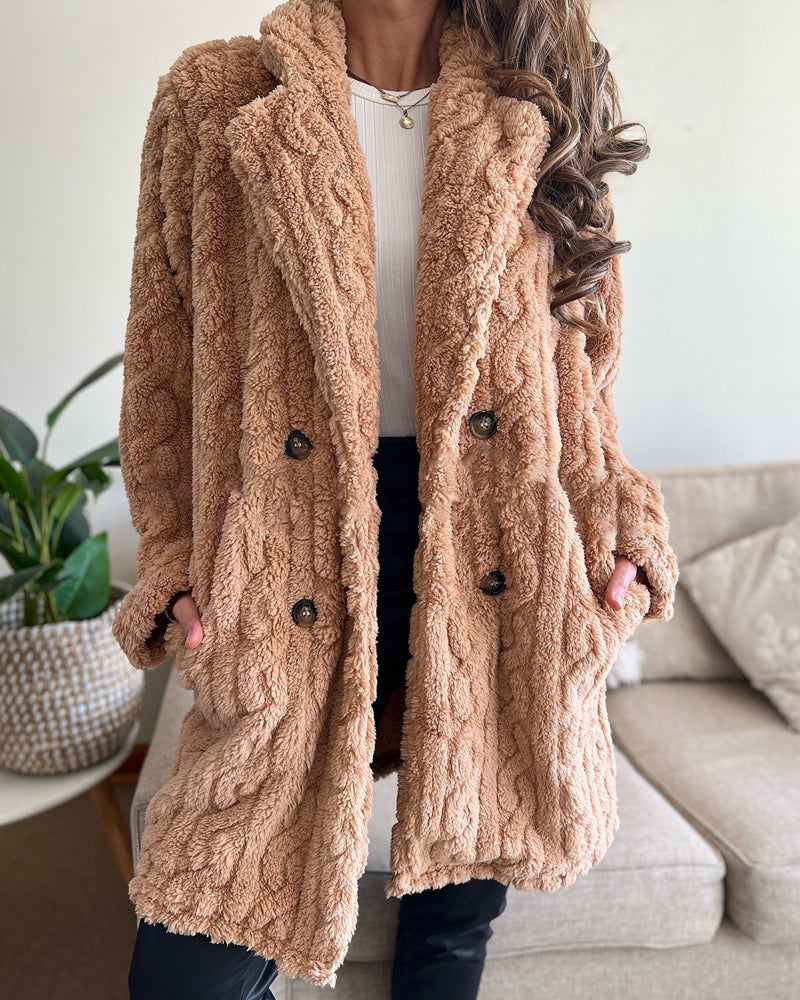 Cable Textured Lapel Neck Button Front Pocket Design Thermal Teddy Coat