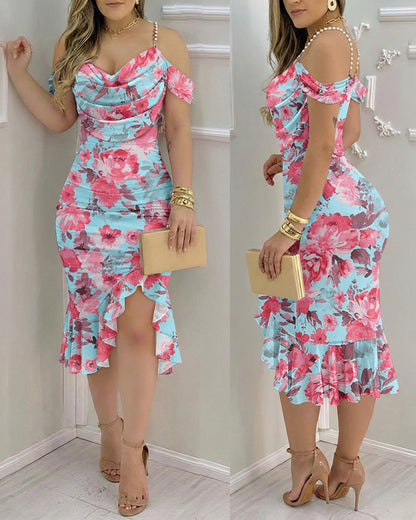 Women's Floral Mesh Midi Dress Pearl Strap Cowl Neck Ruffle Slit Bodycon Dress Vacation Party Dress