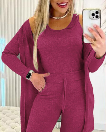 3 Piece Lounge Set Crewneck Sleeveless Tank Top Long Sleeve Open Front Coat Pants Sweatsuit