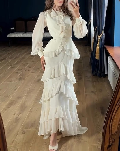 French Style Rhinestone Decor Ruffles Round Neck Lantern Sleeve Asymmetrical Hem Dress Zipper Back Layered Ruffle Hem Chiffon Evening Dress with Belt