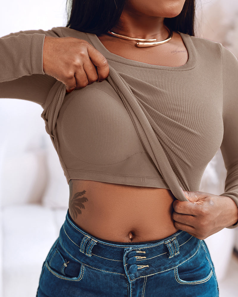 Built In Bra U Neck Tee High Stretchy Knit T-Shirt Long Sleeve Top