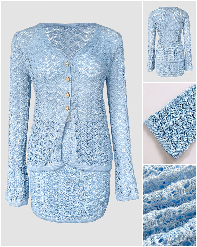 2 Pieces Outfit Deep V Neck Flare Sleeve Half Pearl Button Front Slit Top And Elastic Waist Skirt Set Casual Slim Fit Knit Set