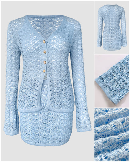 2 Pieces Outfit Deep V Neck Flare Sleeve Half Pearl Button Front Slit Top And Elastic Waist Skirt Set Casual Slim Fit Knit Set