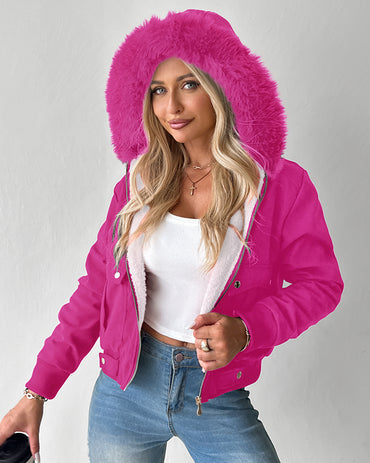 Fuzzy Trim Jacket Hooded Zip Up Fleece Lined Coat Outwear with Pockets
